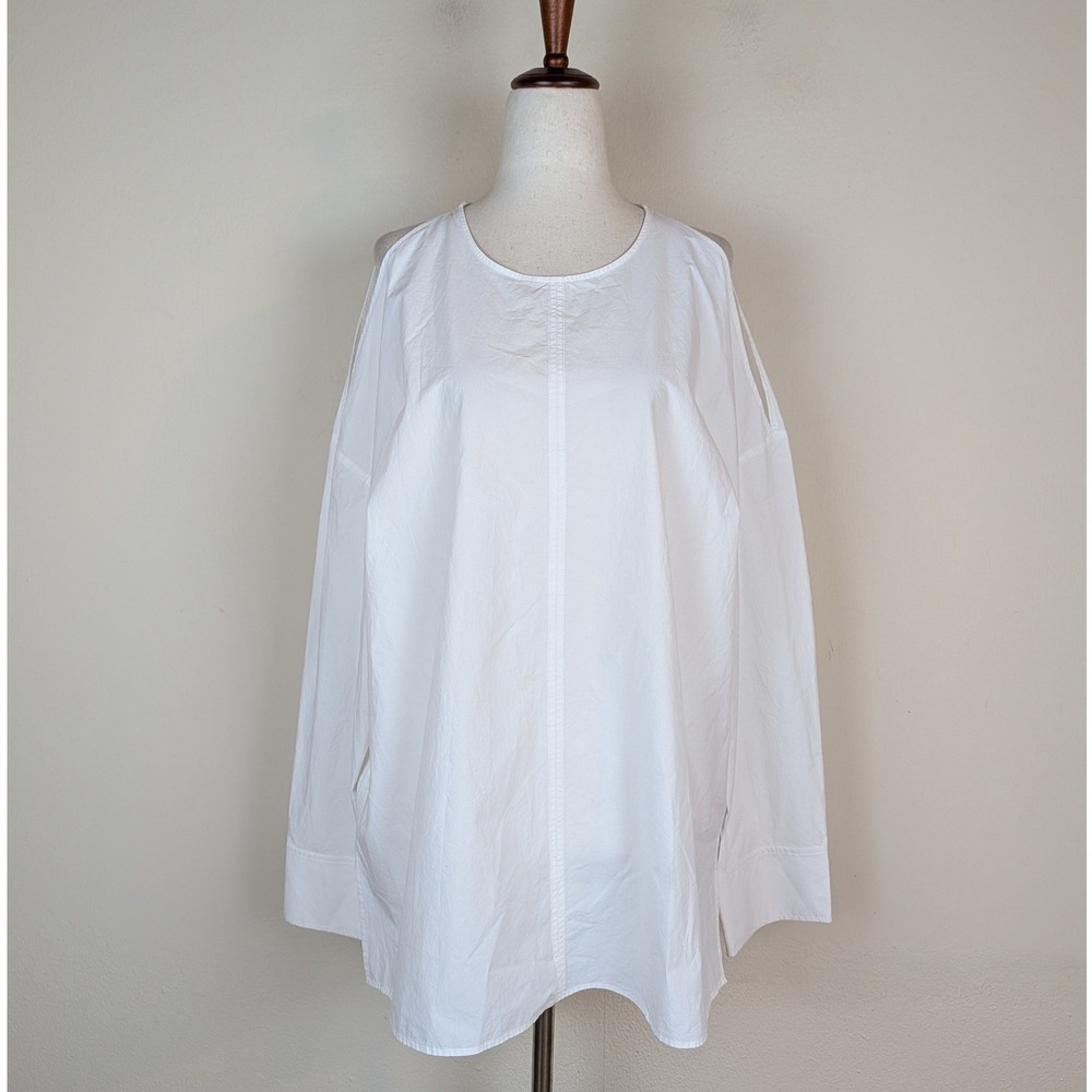 COS Top 14 White Cold Shoulder Long Sleeve Cotton Poplin Blouse Minimalist NEW